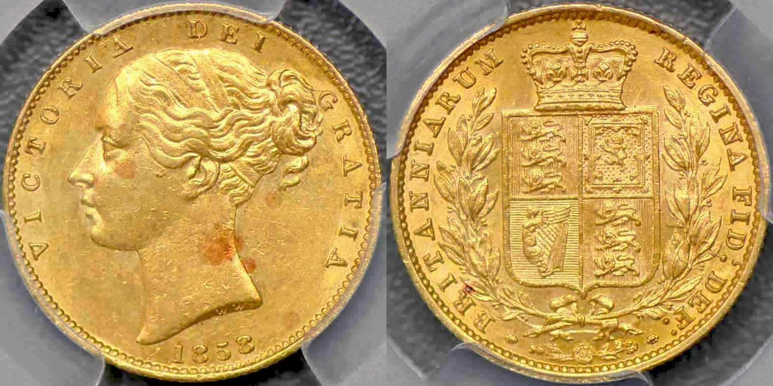 イギリス、1858年発行ソブリン金貨、PCGS鑑定番号AU58 - Drake Sterling