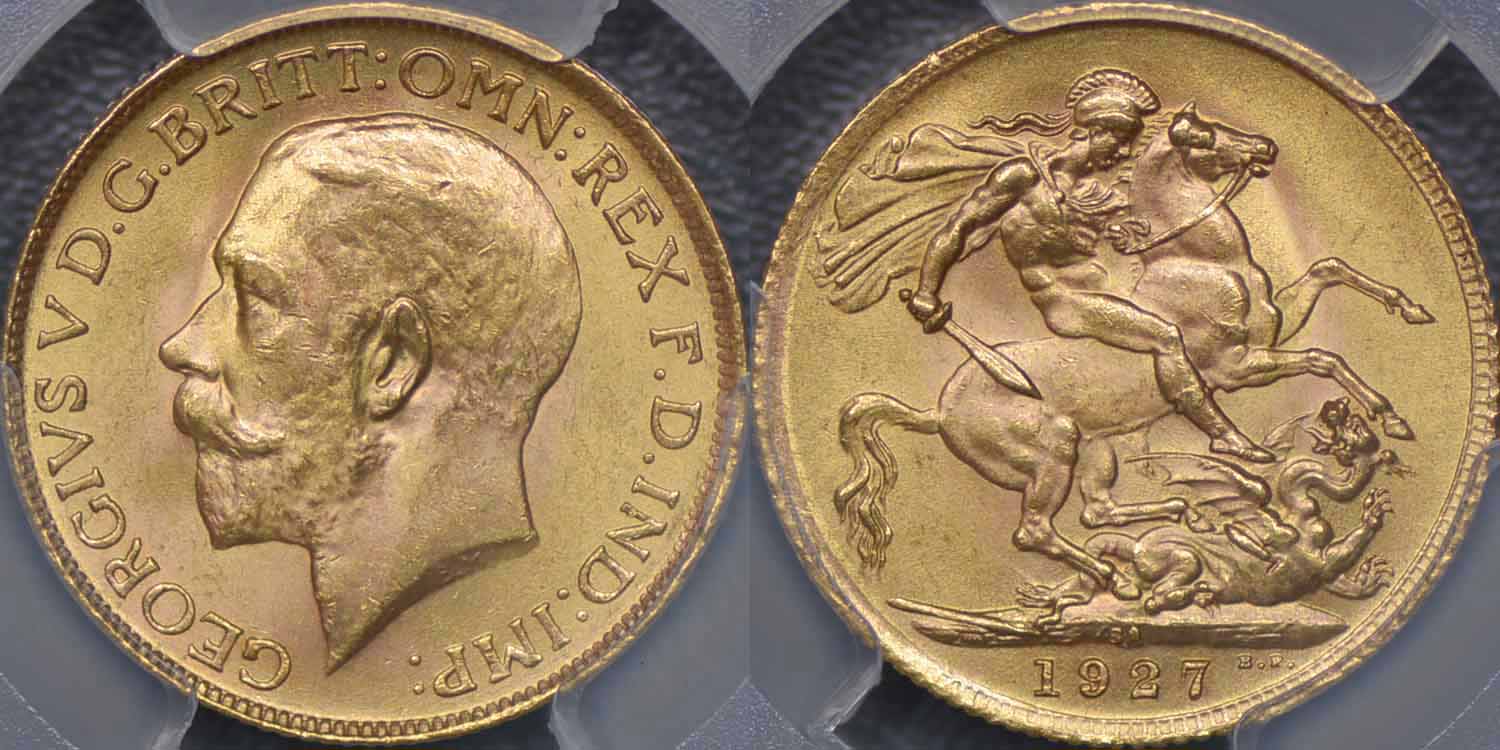 南アフリカ、1927年プレトリアソブリン金貨、PCGS MS64 - Drake Sterling