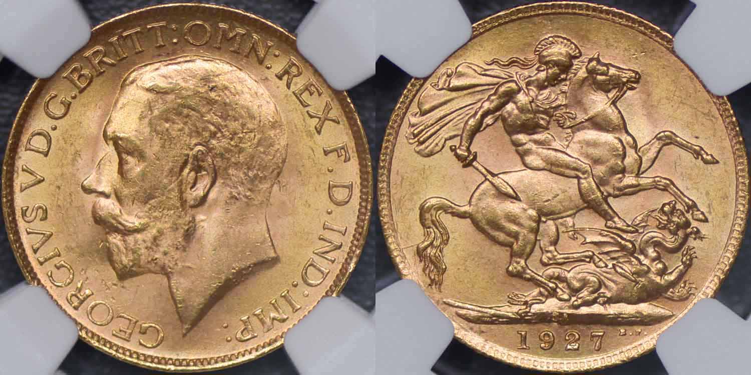 南アフリカ、1927年プレトリアソブリン金貨、NGC MS65 - Drake Sterling