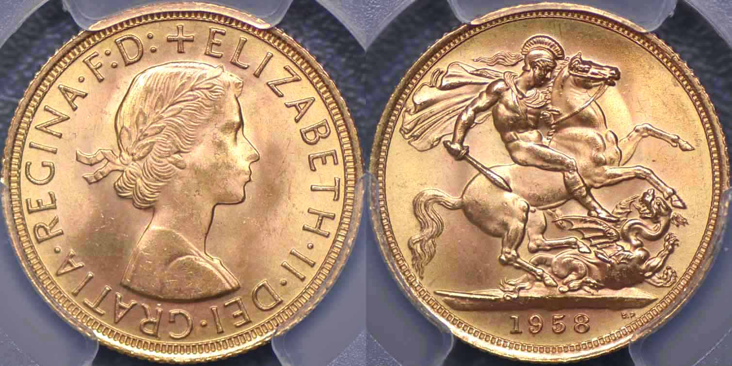 イギリス、1958年ソブリン金貨、PCGS MS64 - Drake Sterling