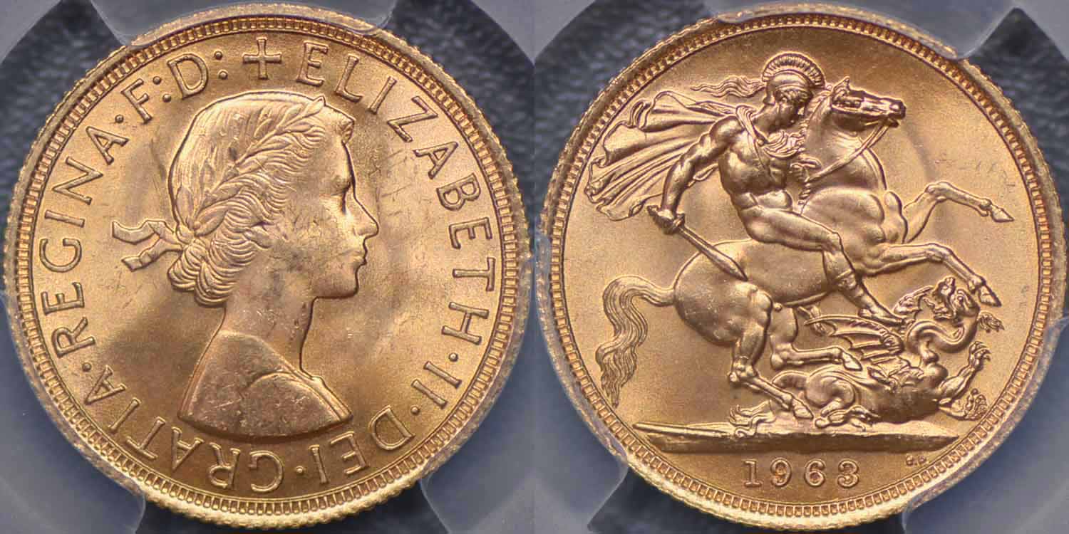イギリス、1963年ソブリン金貨、PCGS MS64 - Drake Sterling