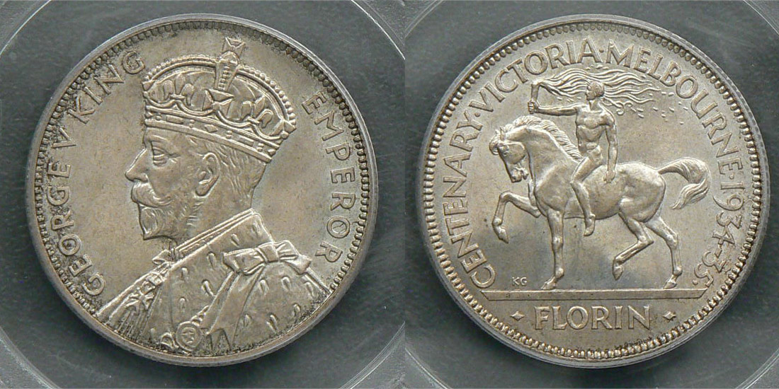 Australia 1934-35 Melbourne Centenary Florin - PCGS MS65 - Drake